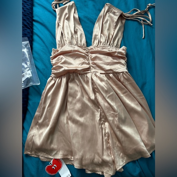 Solid Satin Ruched Mini Dress - Picture 2 of 8